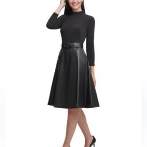 Calvin Klein 🔥 Mock-Neck Faux-Leather A-Line Dress